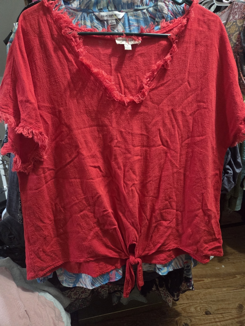Umgee Red Frayed V-Neck Tie-Front Crop Top Size XL - Picture 4 of 4